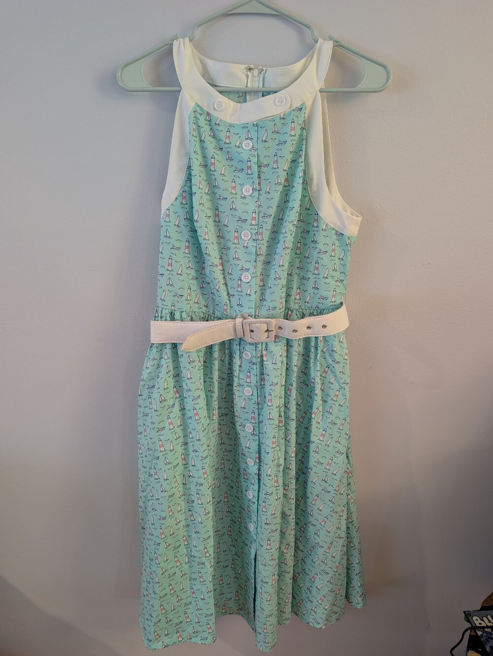 Unique Vintage Mint Nautical Print Button-Front Dress with White Trim